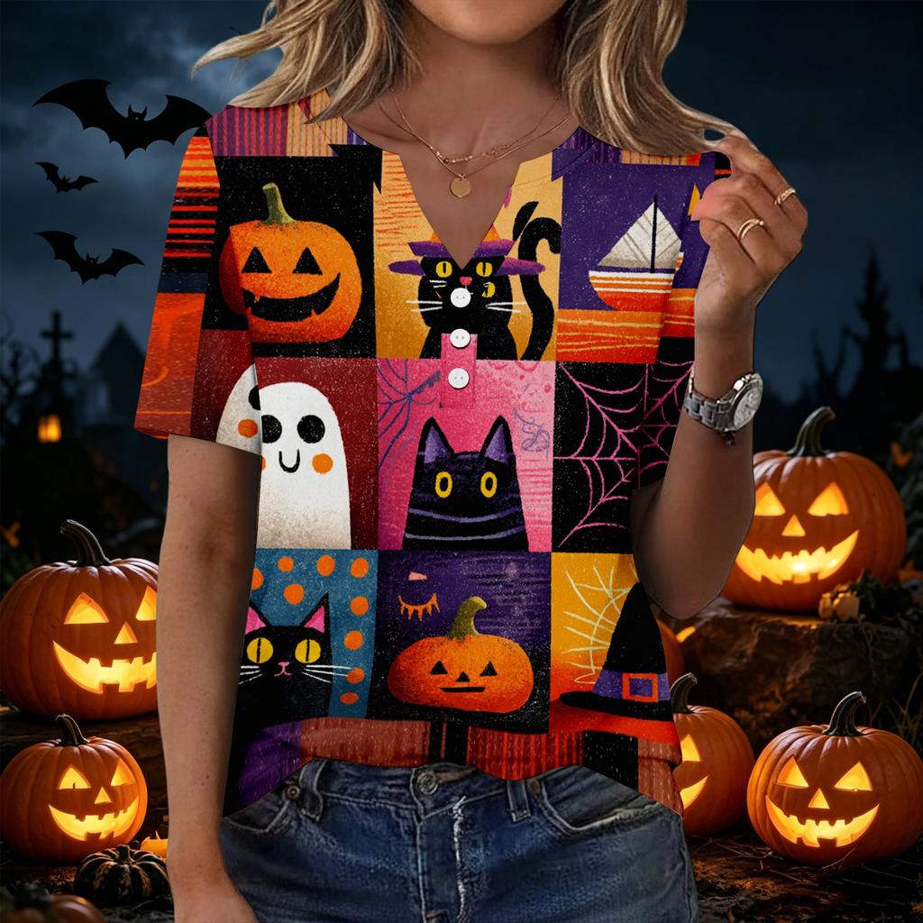 Womens Halloween Print V Neck Short Sleeve T Shirt Button Detail Casual Loose Fit Top for Everyday Wear