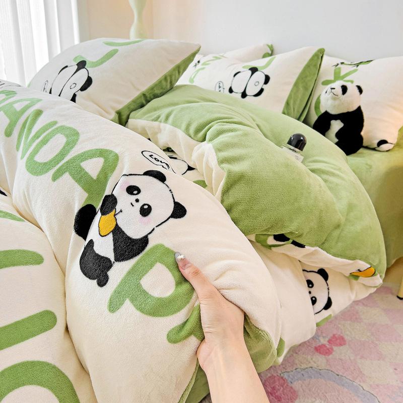 Thickened Milk Fleece Four-Piece Set Double-Sided Coral Flange Fleece Bed Sheet Quilt Cover Three-Piece Set Of Bed Hat