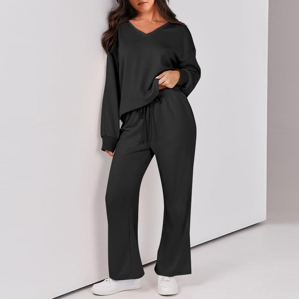 Women's Two Piece Outfits Matching Sets Long Sleeve Pullover Tops And Wide Leg Pants Tracksuit Sets
