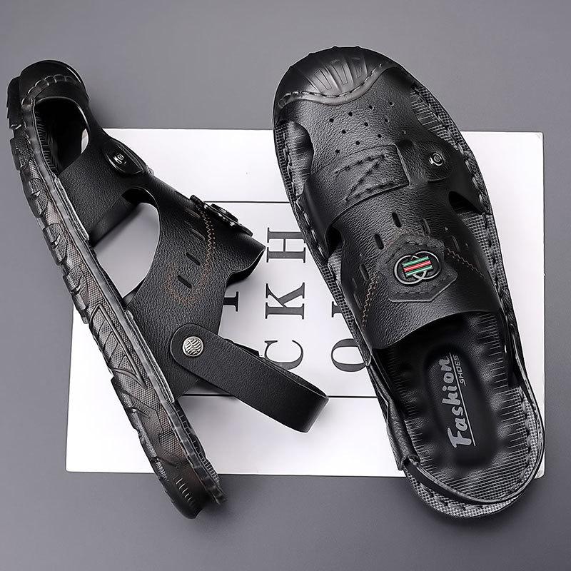Baotou sandals men's leather casual beef tendon sole first layer cowhide beach shoes dual-purpose driving wear-resistant non-slip dad shoes