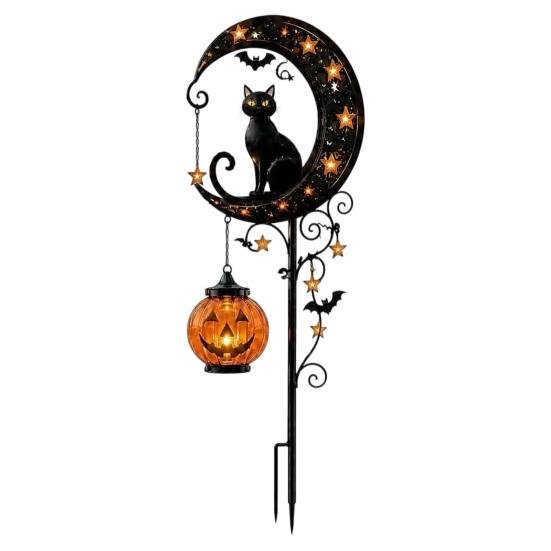 Spooky Bat Garden Decorations Halloween Solar Stake Light, Metal Black Cat & Pumpkin Moon Waterproof Illuminated Outdoor Decor for Lawn Patio