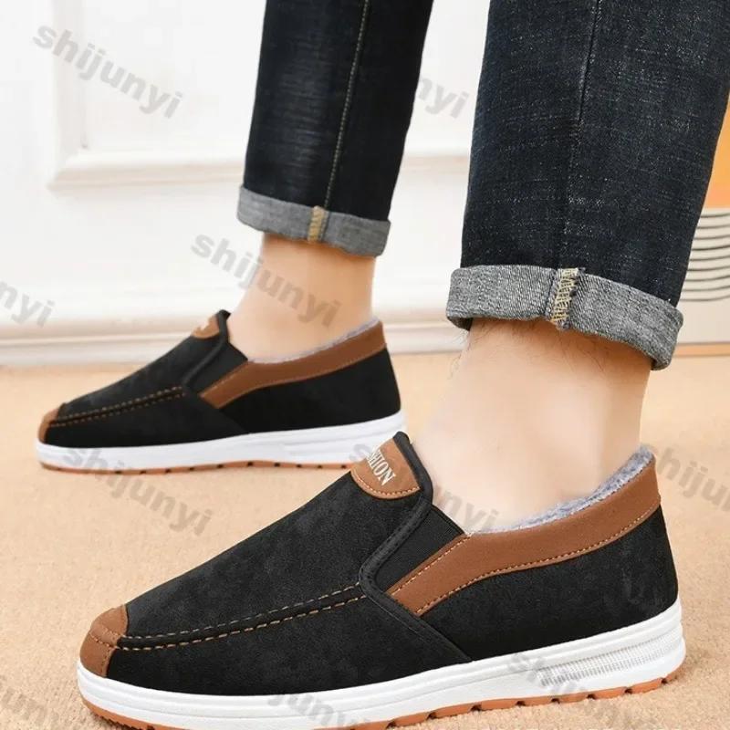 2025 Winter Men Short Plush Warm Shoes Indoor Loafer Casual Suede New Suede Fur Black Cotton Platform Shoes Flats Platform Shoes