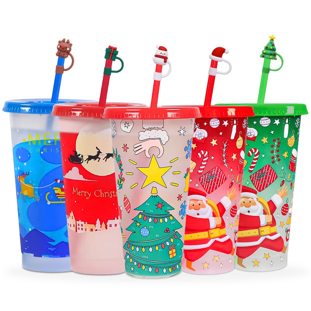 Christmas Color Changing Cups with Lids and Straws Bulk,Christmas Cups Include Spill Resistant Straw Water Iced Coffee or Tea