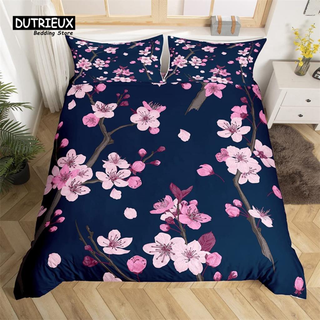 Cherry Blossoms Duvet Cover Set Japanese Floral Bedding Set Microfiber Romantic Theme Quilt Cover Twin King For Valentine's Day