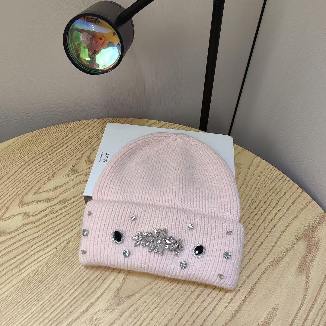 

BrandNew Handmade Rhinestone Knitted Rabbit Wool Hat Thickened DailyWear FallSeason and ColdSeason Warm Pullover Knitted Hat for Women M（56-58cm）