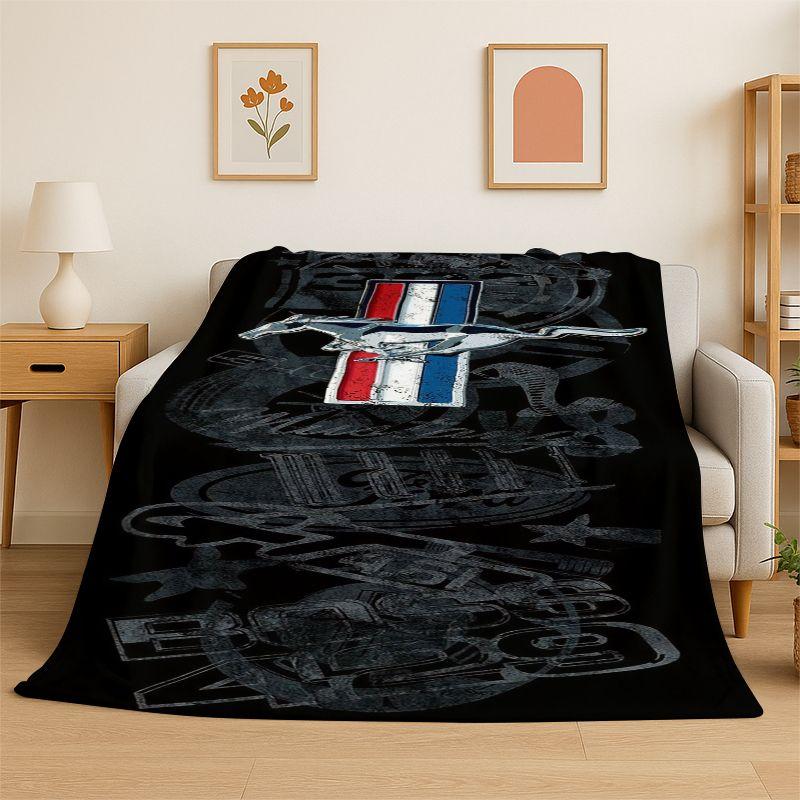 Retro Mustang Racing Car Sign Flannel Blanket Soft Warm Throw Blanket for Bedroom Living Room Bed Travel Camping Picnic Gift