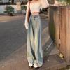Women's High Waist Distressed Retro Jeans: Wide-Leg, Slim Drape Trousers for Spring and Autumn