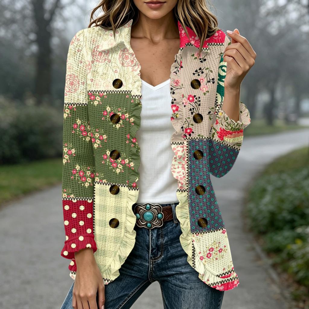 Women's Fashion Plaid Print Long Sleeve Ruffled Open Front Jacket