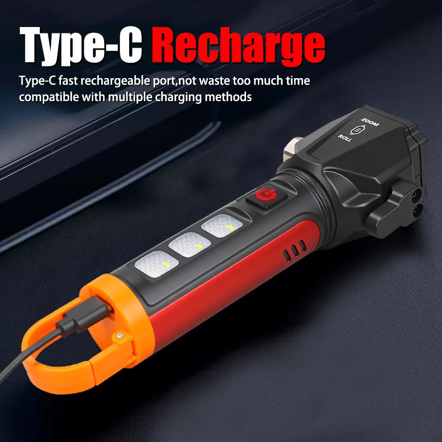 Super Bright LED Flashlight USB Rechargeable Torch Outdoor Strong Light Hook Camping Lamp Hammer Flashlight Emergency Red Light