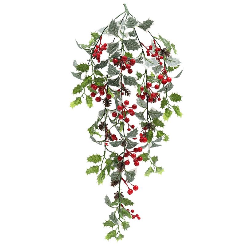 

1 шт. Искусственный красный падуб с шишками Рождественский венок с зелеными листьями Искусственное растение для домашнего декора Рождественский 2025 Новогодний декор