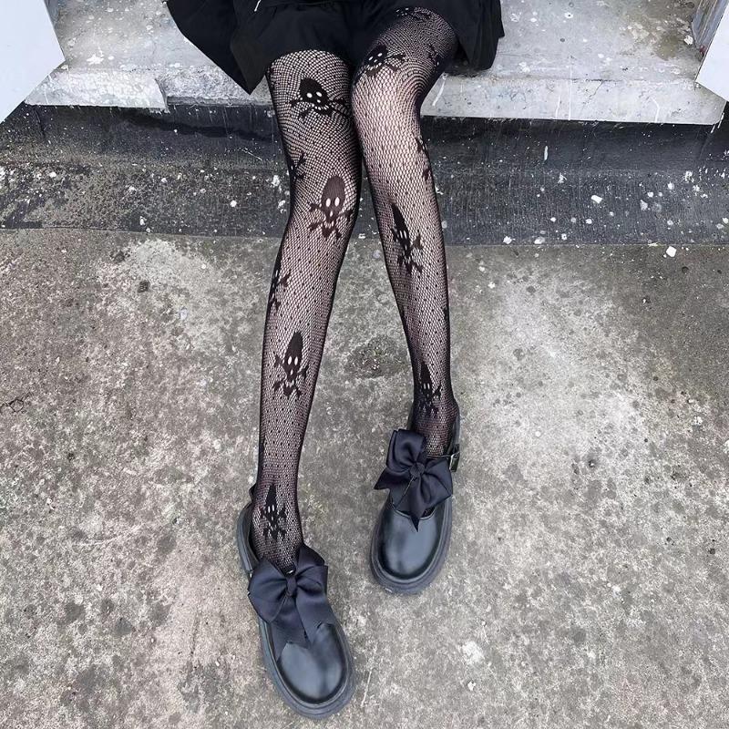1 pair of dark black JK socks with skull pattern mesh red and black stockings, thin bottomed stockings, hollowed out jacquard me