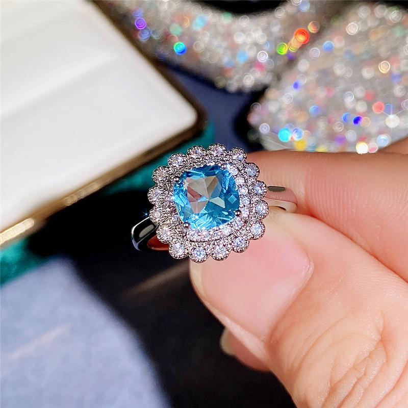 New Romantic Flower-shaped Finger Rings for Women with Blue/Colorful Stone Delicate Girls Accessories Party Trendy Jewelry