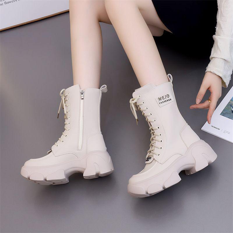 Women's 2025 Genuine Leather Martin Boots: Mid-Calf, Thick-Soled, Fleece-Lined, Lightweight, Height-Enhancing, Autumn/Winter Fashion.