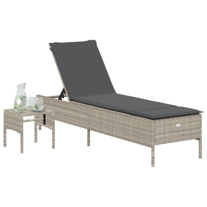 VidaXL Chaise longue avec table et coussin gris clair résine tressée, transat, lit de repos de jardin, meuble d'extérieur, 4002733