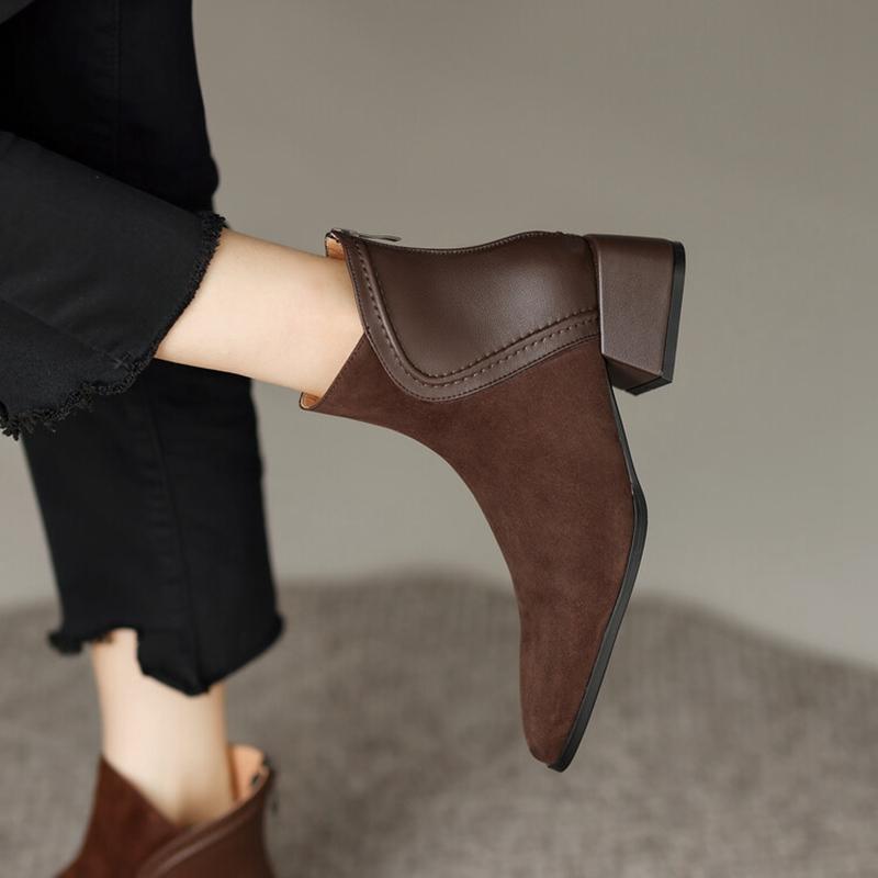 Fashion NEW Fall Shoes Women Sheep Suede Ankle Boots Round Toe Chunky Heel Boots for Women Winter Mature Women Boots Zipper Modern Boots