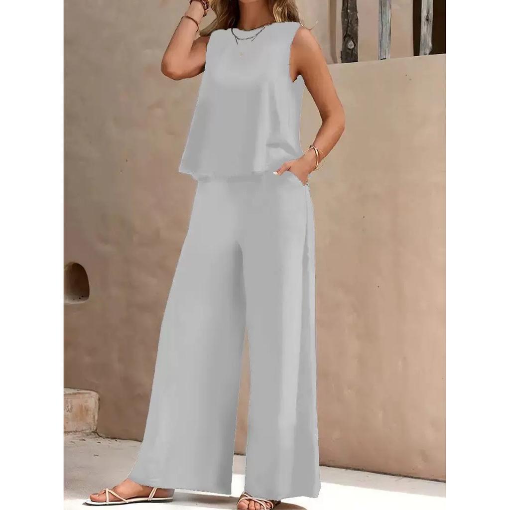 Solid Color Casual Loose Pants Sets For Women Elegant Summer Women's Two Pieces Suit Full Trouser Set Female Outfit Clothes