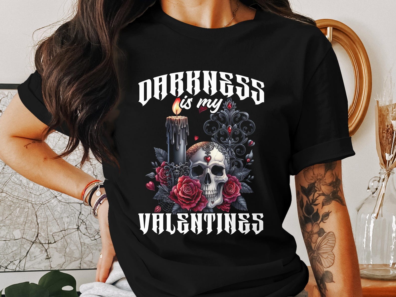 Darkness is my Valentines T-Shirt, Gothic Valentines Skull Candle T-Shirt, Gothic Horror T-Shirt, Occult Goth Girl Tee S
