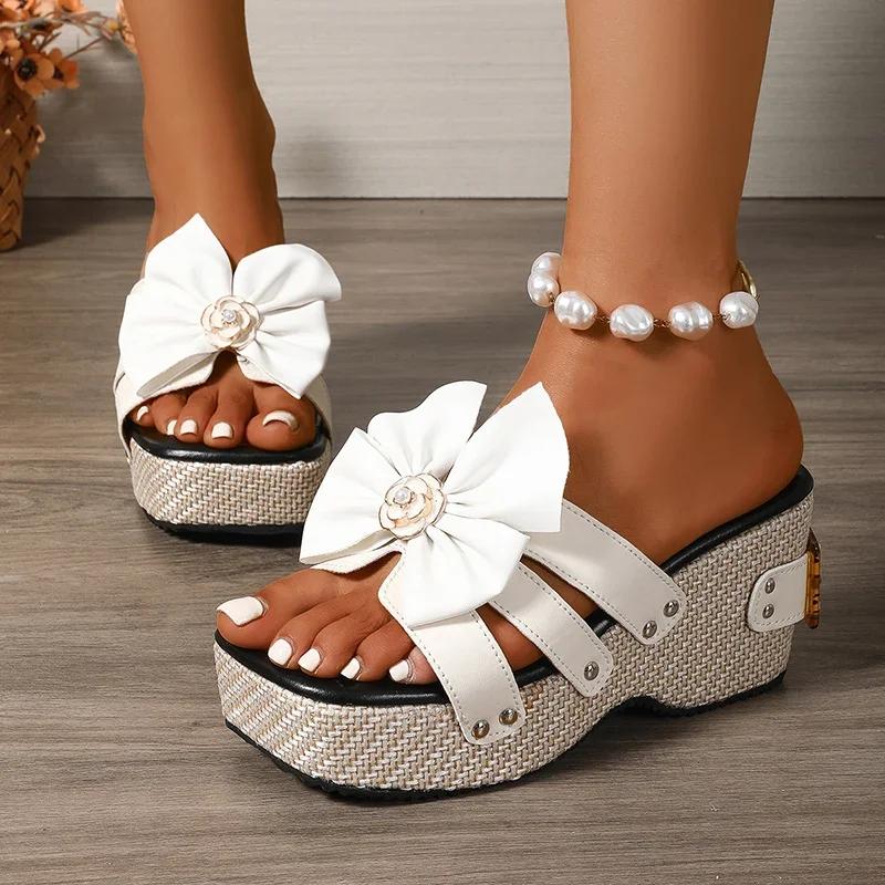 Fashion Bow Knot Chunky Platform Slippers for Women Fashion Buckle Design Thick Bottom Slides Ladies New Square Toe Wedge Sandals Mujer