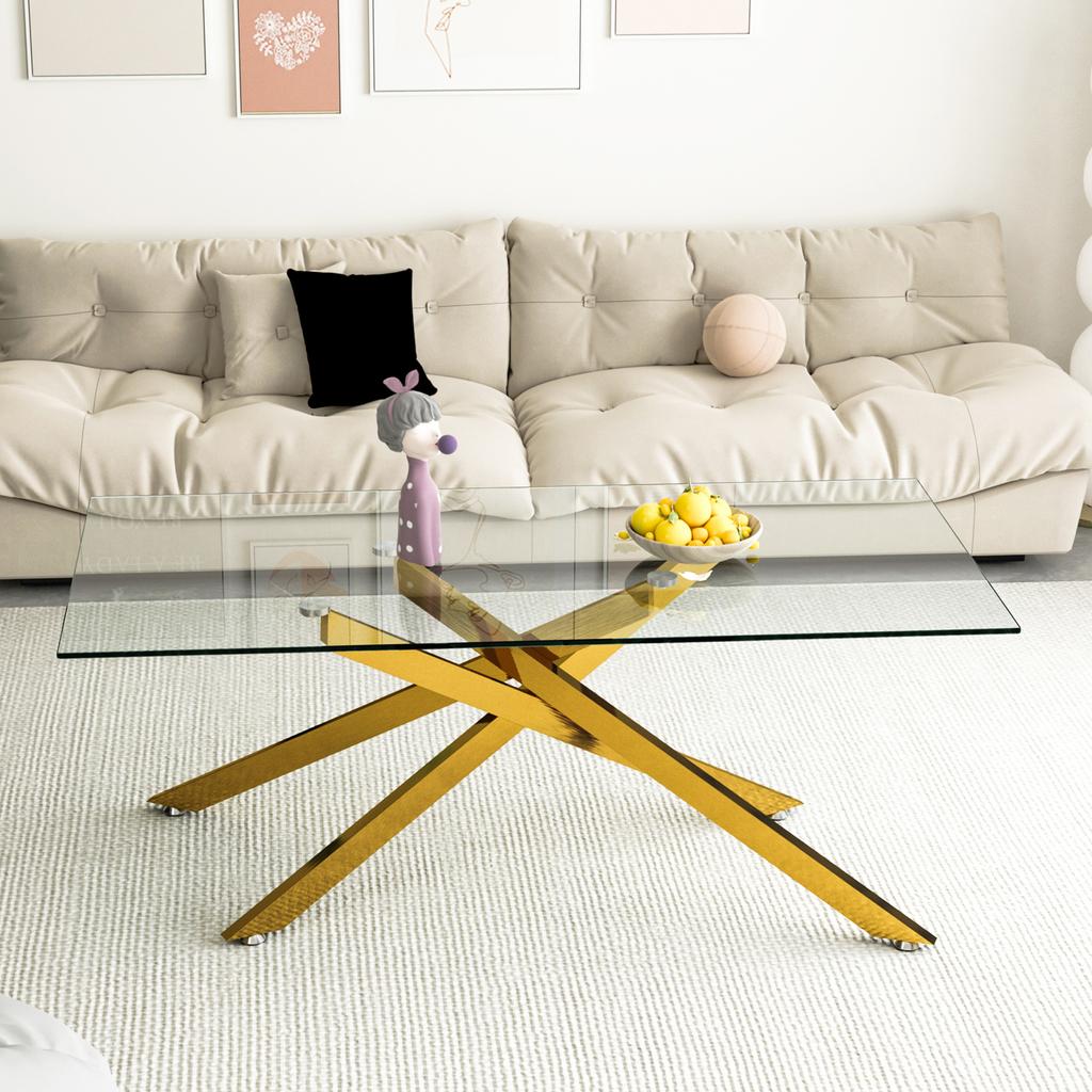 Mesa de Centro com Tampo de Vidro Temperado, Estrutura de Metal Dourada, Design Retangular de Luxo, Sala de Estar-A46/L120/P60 cm