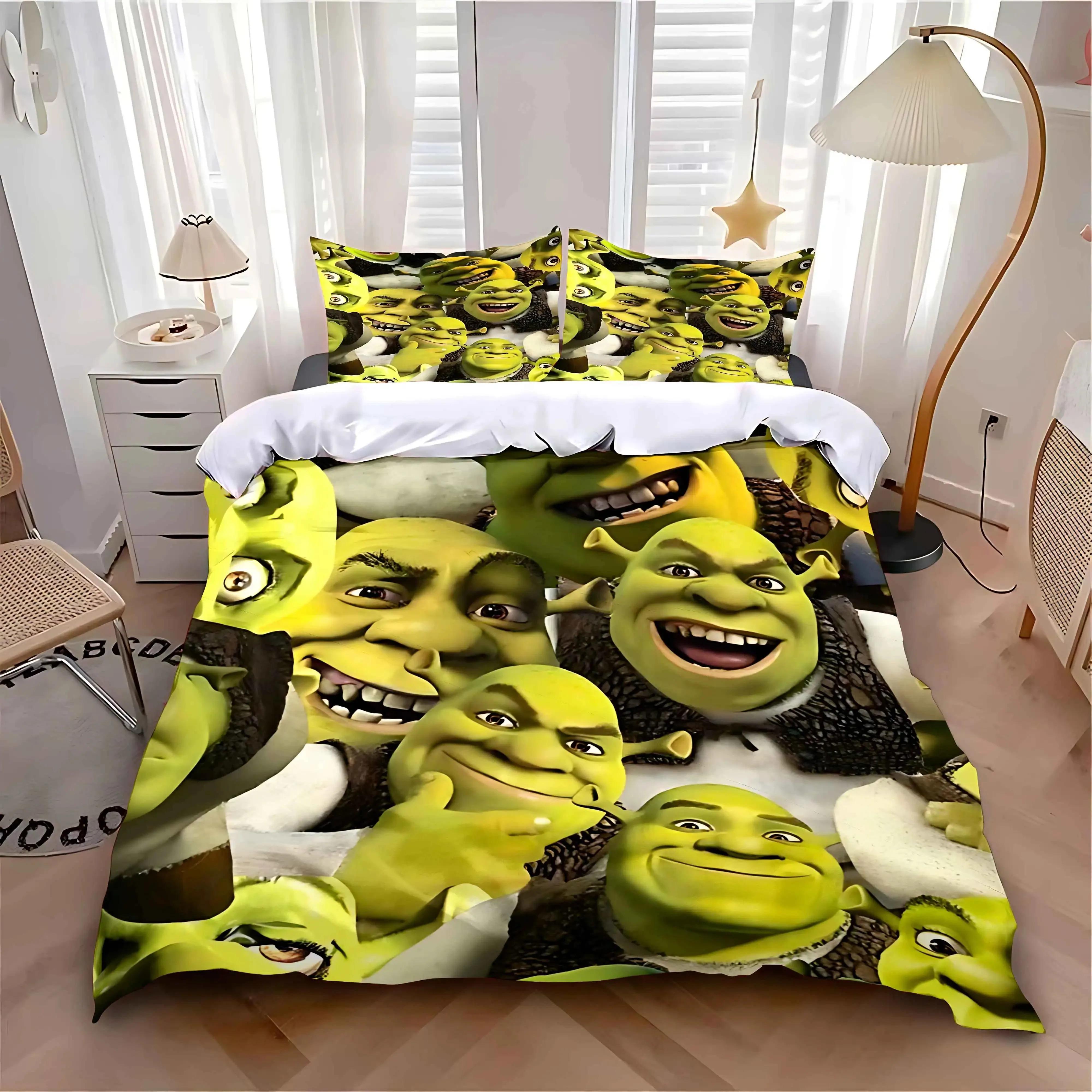 Ensemble de literie amusant de film de mode 3D Fantaisie ShrekS Housse de couette Taie d'oreiller Taille simple double Pour chambre d'adulte adolescent Décor Cadeau 140x200cm (2pcs)