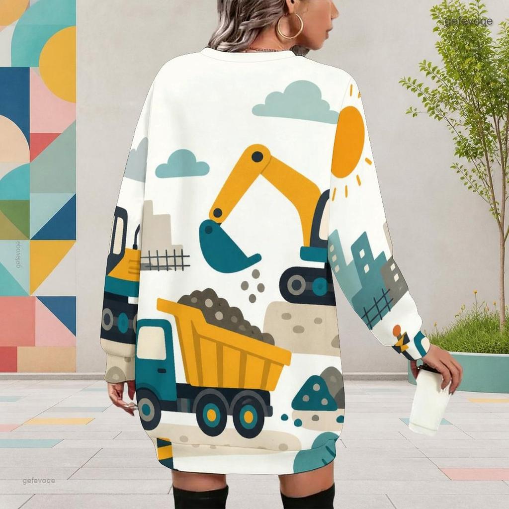 Women Plus Size Round Neck Long Sleeve Cartoon Printed White Yellow Sweatshirt Dress