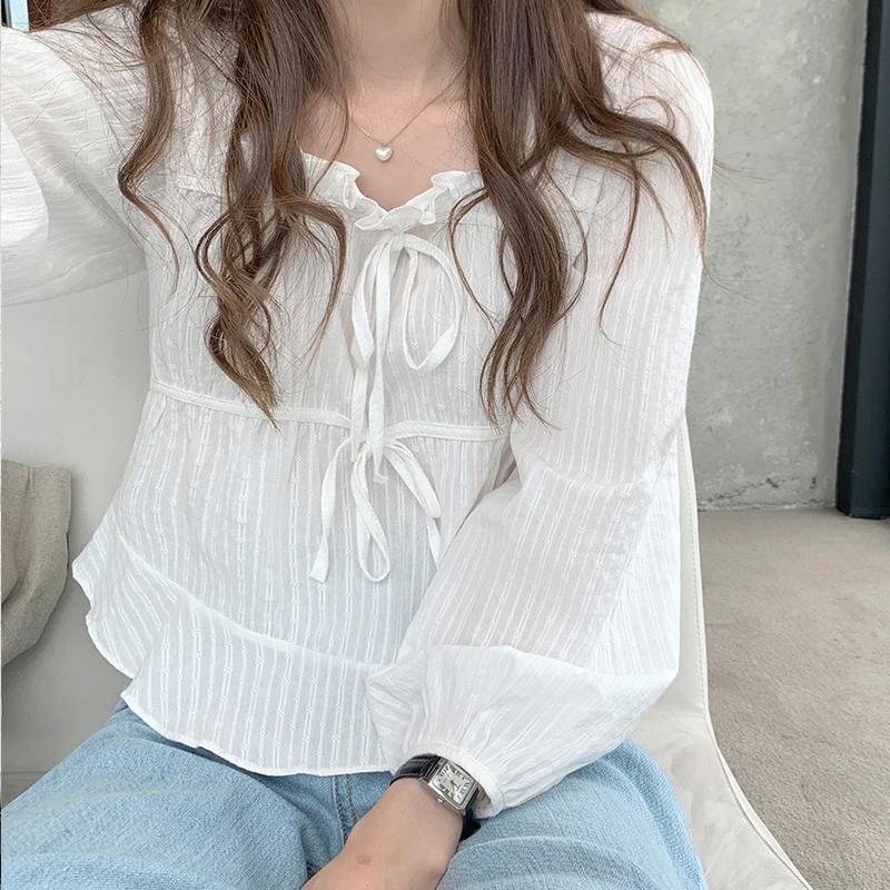 New Long Sleeve Spring Sweet Blouse Lace Up Women White Shirt Casual Girls Elegant Korean Fashion Women Blouses Femme Tops Soft 11700