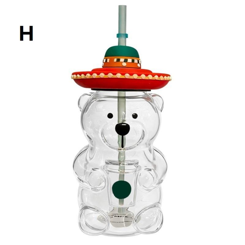 1Pcs Cartoon Bear Shaped Coffee Mug Cute Bear Mug Plastic Cup With Straw Transparent Creative Milk Coffee Water Cups