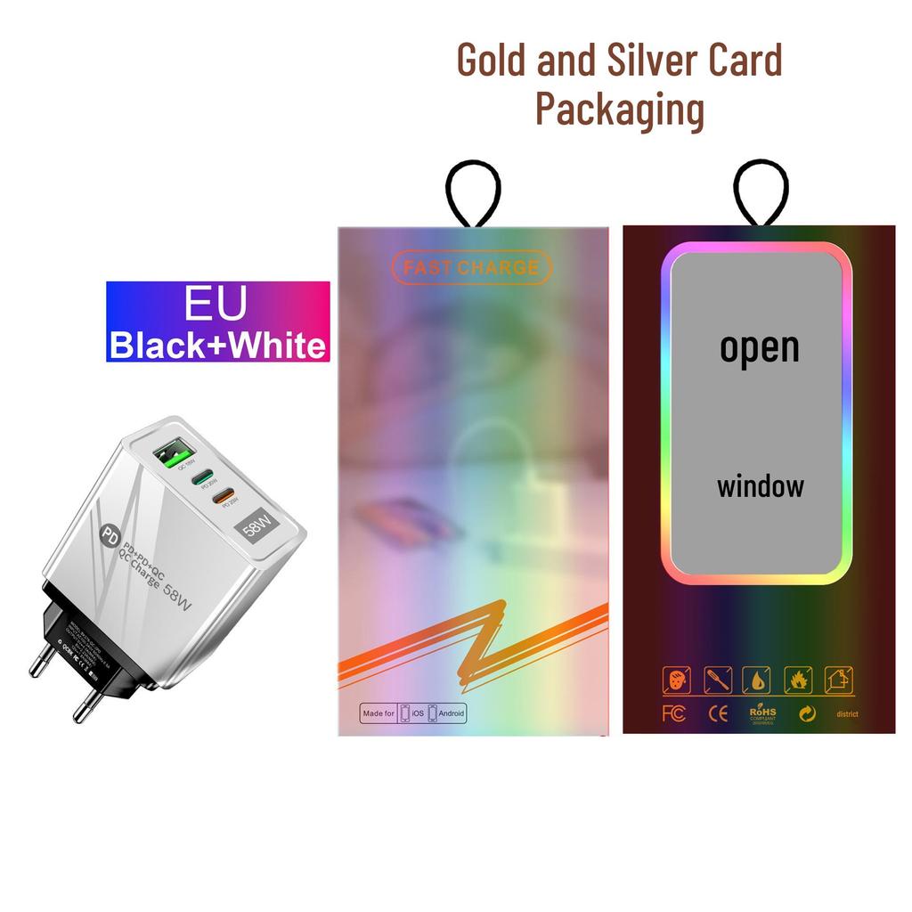 58W Dual Fast Charger with 2PD+QC3.0, Compatible with EU/US/UK Plugs.