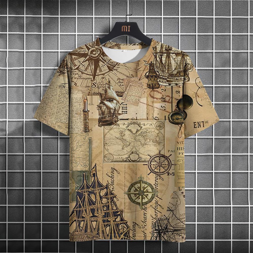 

Винтажная мужская футболка, летняя американская рубашка, топы с принтом компаса, футболки с короткими рукавами, свободная повседневная мужская одежда, повседневная уличная одежда 6XL