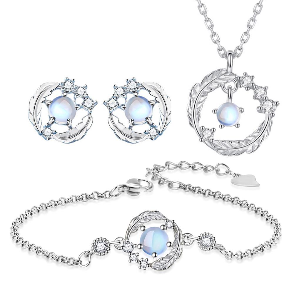 Moonstone Feather Jewelry Set: Necklace, Earrings, and Bracelet - Elegant and Romantic Women's Accessories