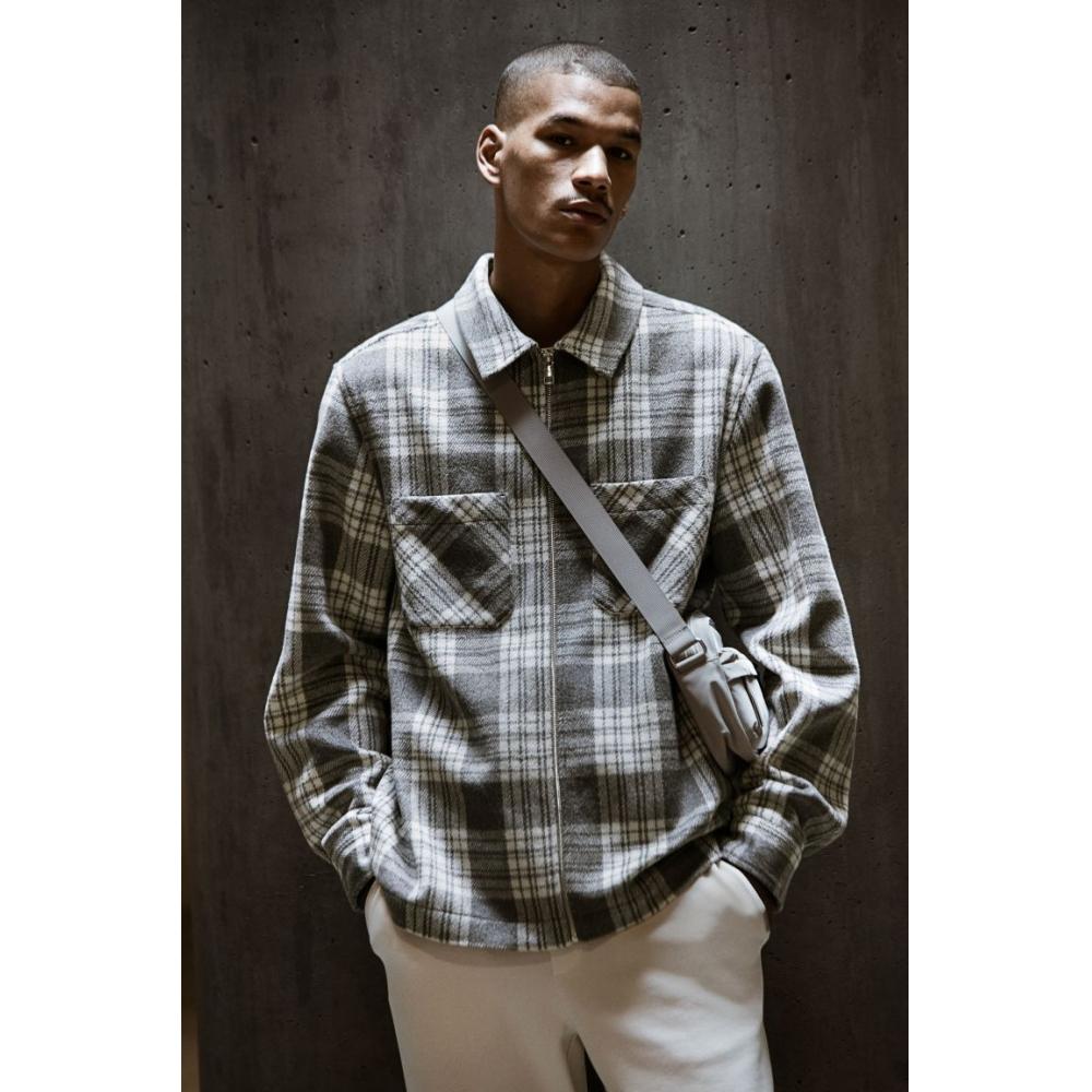 H M Zip Up oversHirt Regular Fit Gray cHeck