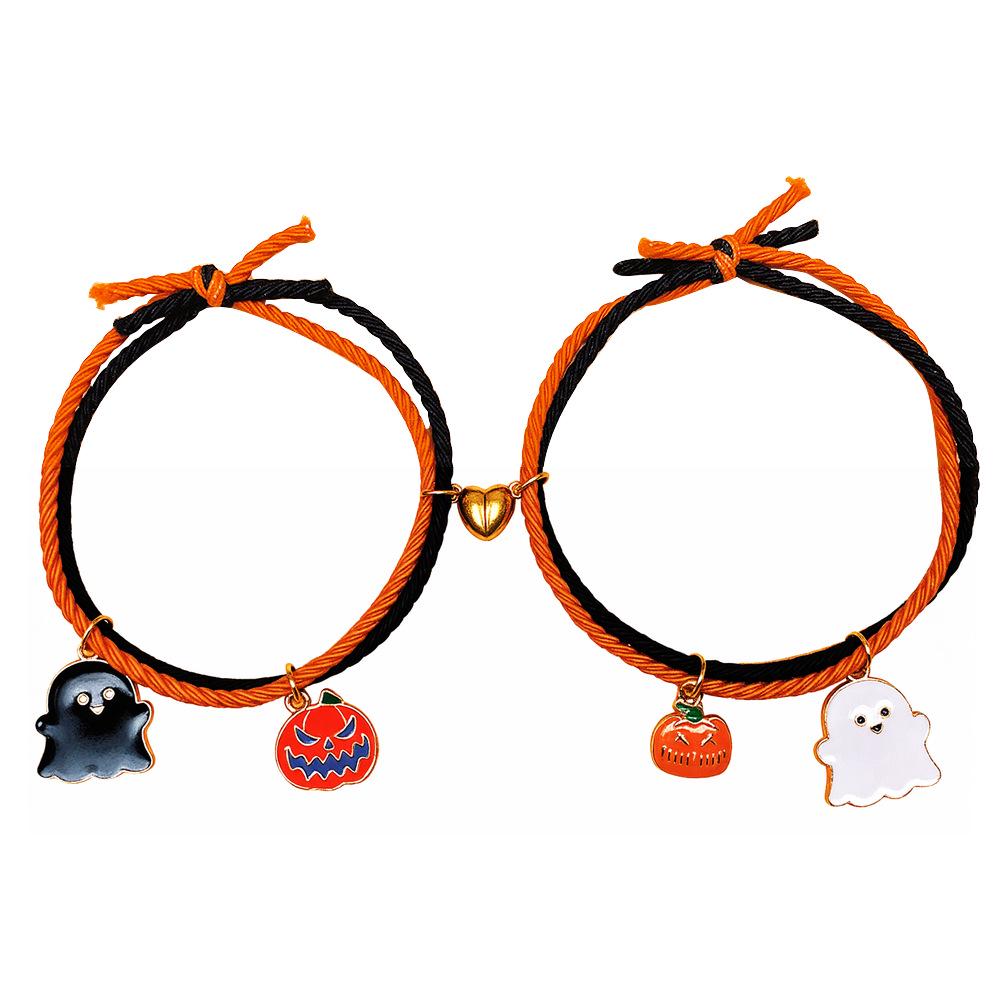 European & American Pumpkin Ghost Magnetic Couple Bracelet Set - Handmade, Adjustable, Elastic, Simple Halloween Design