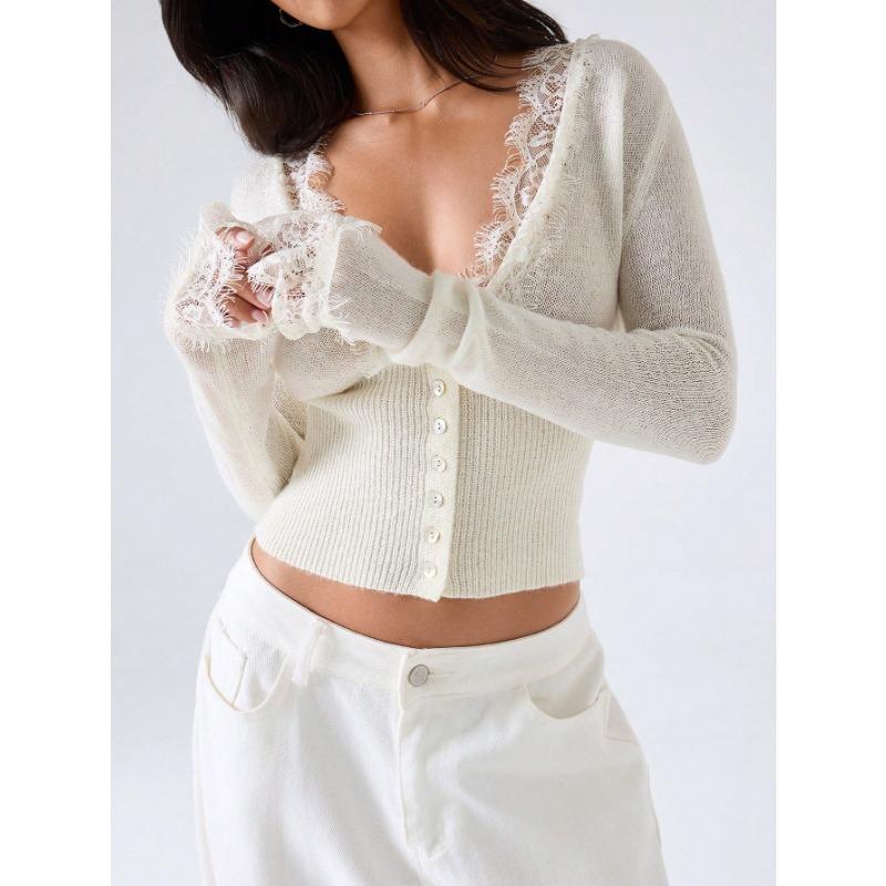Womens Lace Trim Solid V Neck Long Sleeve Slim Fit Knit Cardigan Top