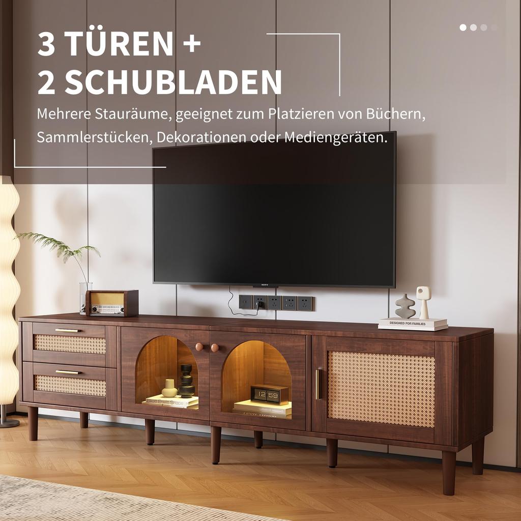 TV Board TV-Schrank Lowboard 2 Schubladen, 2 gewölbten Glastüren, 1 Rattan-Tür, TV-ständer Fernseher bis zu 80 Zoll, 180 cm, Wohnzimmer, Braun