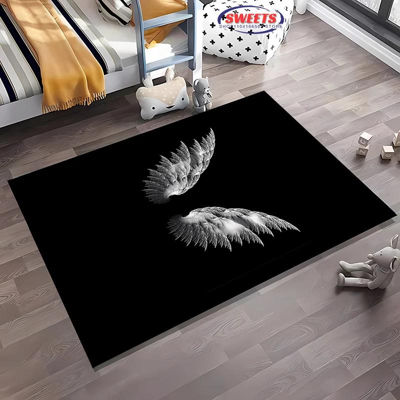 3D-tryckt matta med änglavingar, val för vardagsrum, sovrum, kontorsområde, barnrum, slitstark, halkfri, maskintvättbar matta
