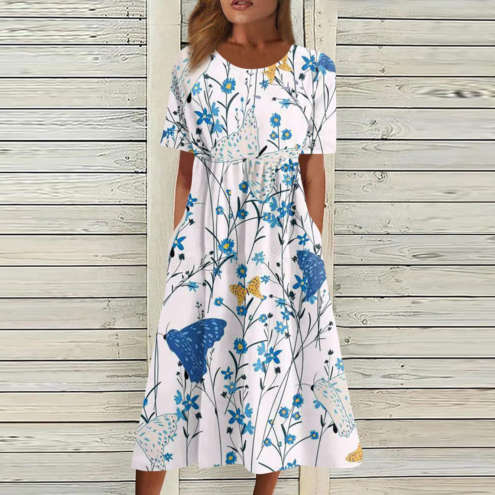 

Жен. Повседневные платья Платья с принтами Летние платья С принтами Плиссированные платья-миди с круглым вырезом Классический Классический На открытом воздухе Повседневные С короткими рукавами Свободные платья XL синий