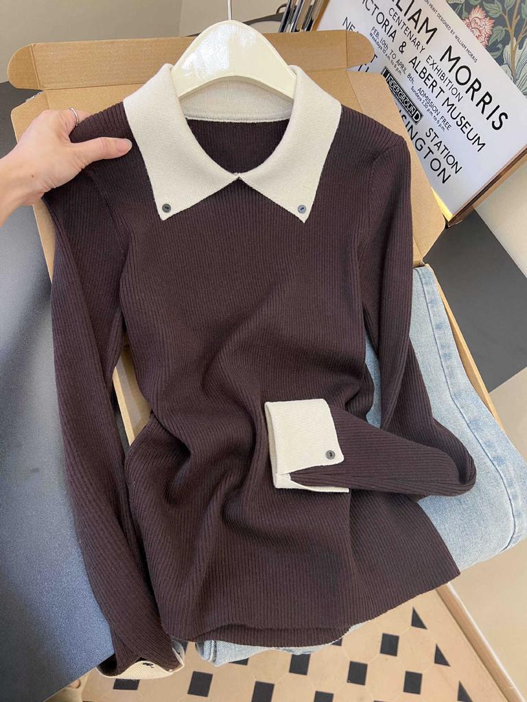 Maillard Coffee Lapel Bottom Top Women's Autumn and Winter Contrasting Olo Shirt Slim-fitting Versatile Commuter Knitted Sweater