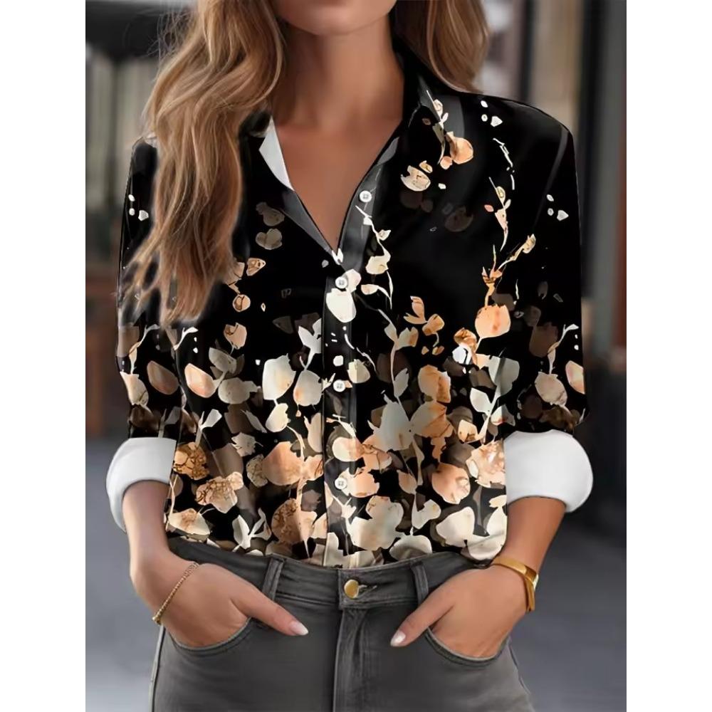 Women Casual Feather Print Turn Down Collar Long Sleeve Shirt White Pink Blue for Autumn Woman Clothing