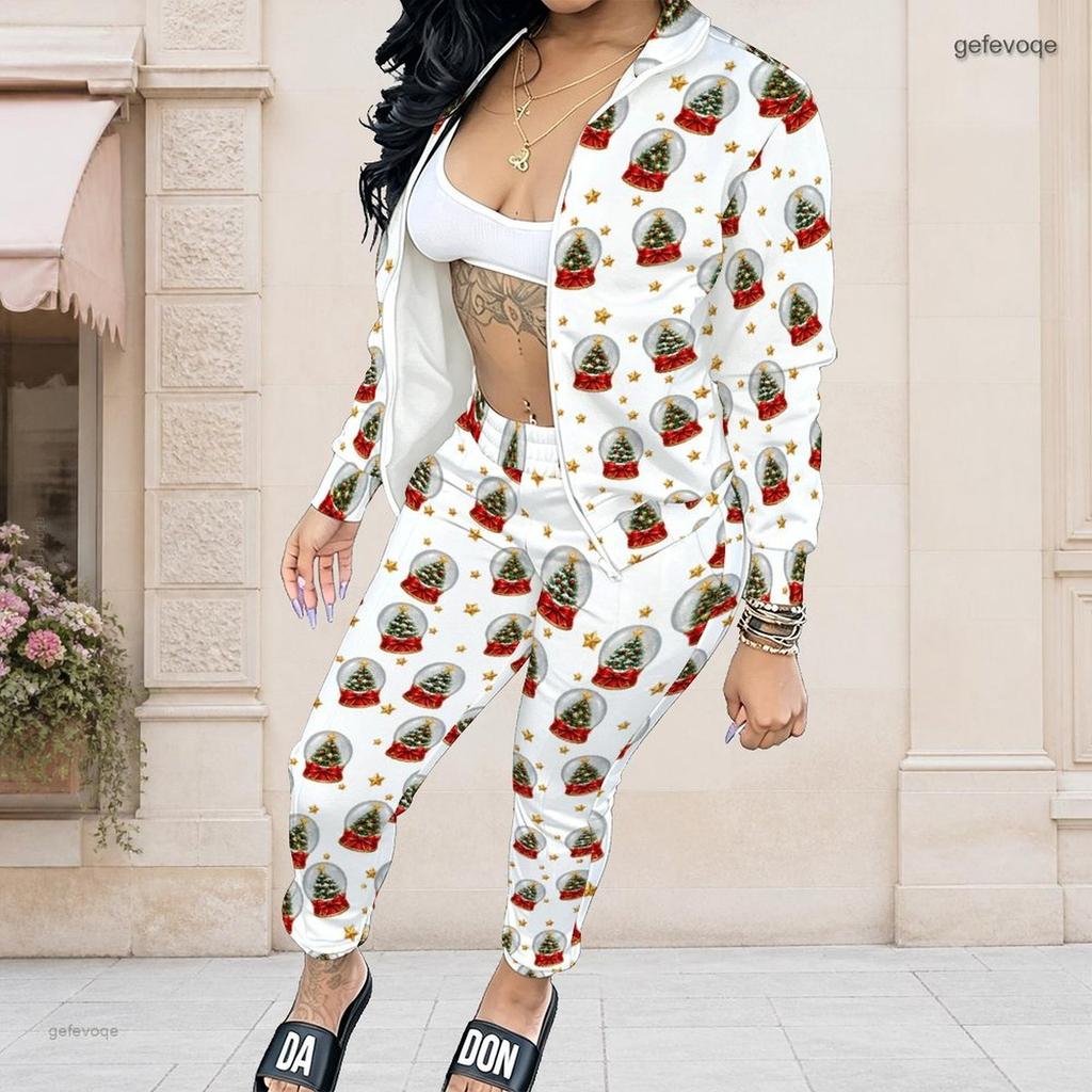 Women Plus Size Stand Collar Long Sleeve Zip Jacket And Pants White Teddy Bear Printed Two Piece Set
