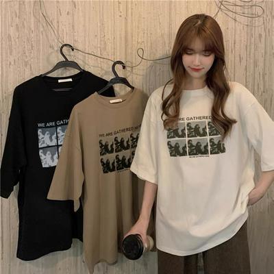 Drukowana Odzież Letnia Koreańska Damska Nowa Okrągły Dekolt Litera Casualowy T-shirt z Krótkim Rękawem dla Kobiet Luźna Odzież Studencka dla Par