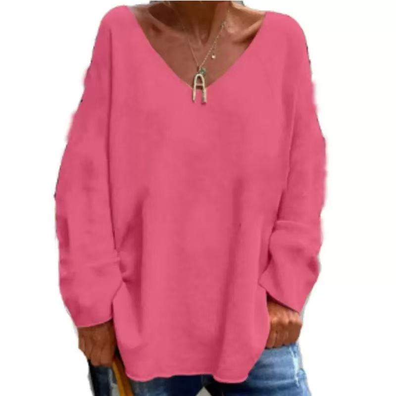 IHUASU Autumn Winter Women's Solid Color V-neck Long Sleeve Loose Casual Comfortable T-shirt Top