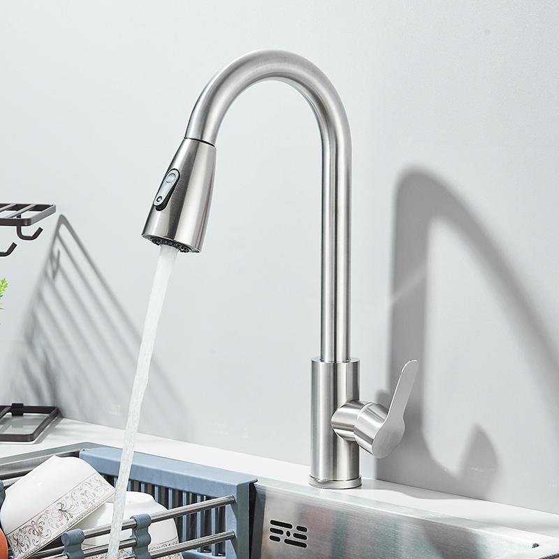 Brushed Nickel Kitchen Faucet Flexible Pull Out Nozzle Kitchen Sink Mixer Tap Stream Sprayer Head Deck Black Hot Cold Water Taps