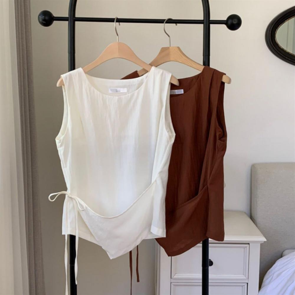 New Arrivals Open Run Women Layered Wrap Ribbon Pleat Sleeveless Blouse