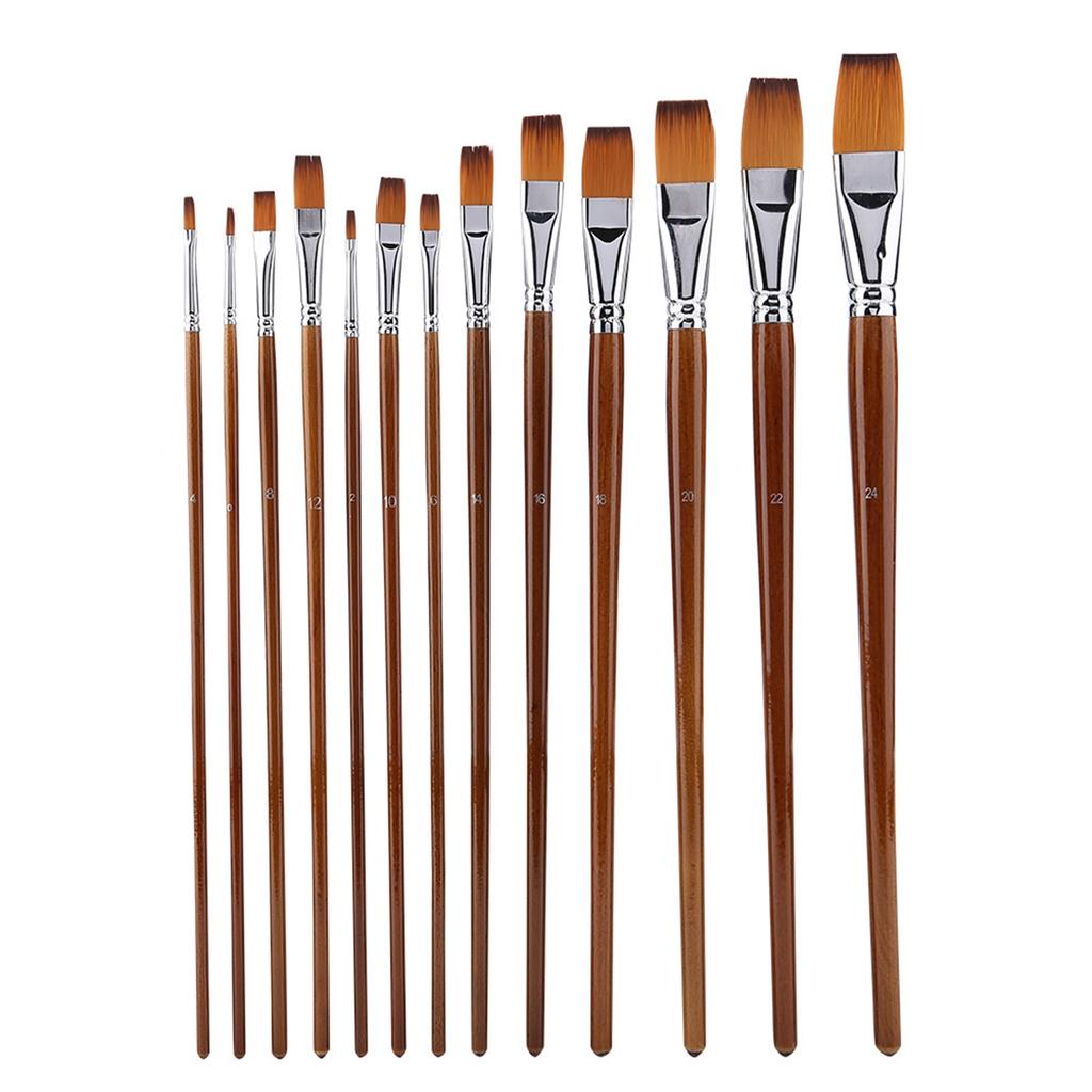 13Pcs Nylon Hair Watercolor Oil Painting Flat Brush Set Wooden Handle Professional Art Supplies