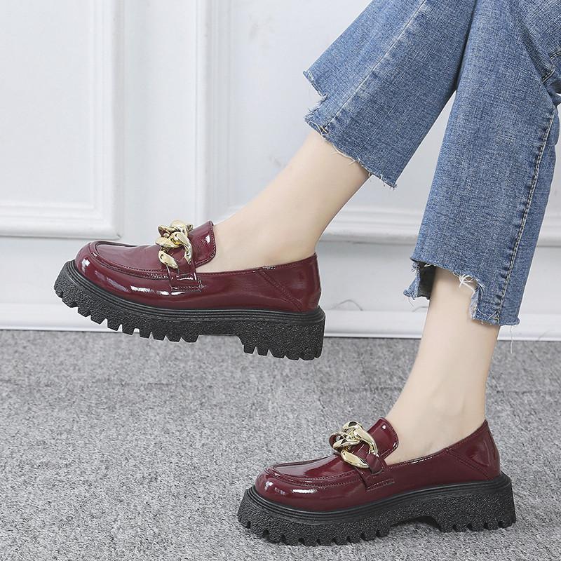 Small leather shoes new spring and summer British loafer muffin round head thick sole decorative buckle single shoes