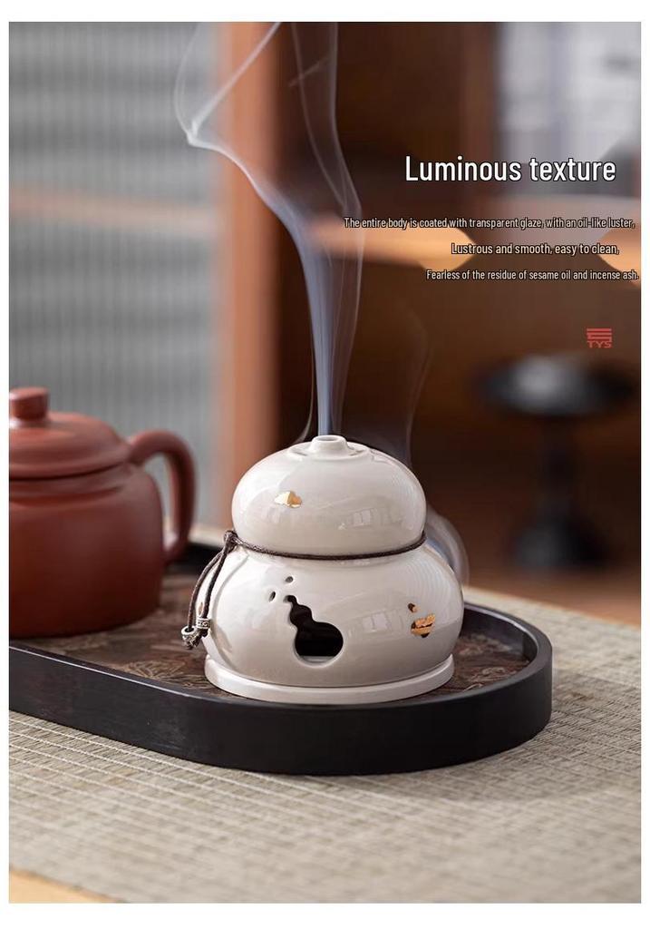 Zen Style Ceramic Gourd Incense Burner for Coil and Agarwood Incense, Home Tea Ceremony Burner