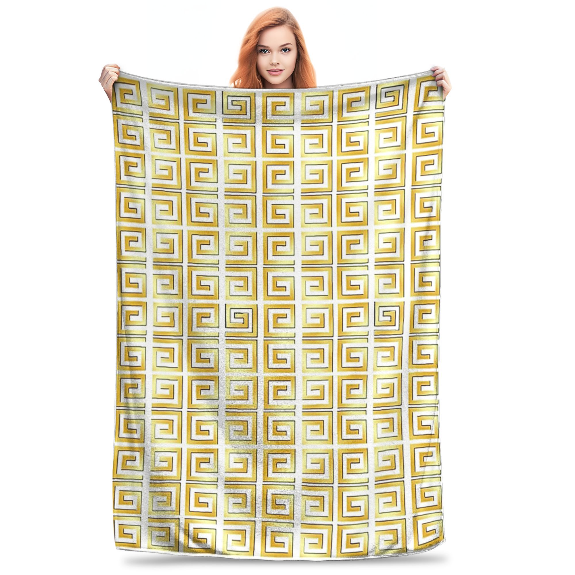 Greek Meander - Greek Key White Marble And Gold Blanket Lightweight Flannel Throw Blanket for Bedroom Travel Throws Bedspread Size: 75*100cm, Weight: 230 GSM
