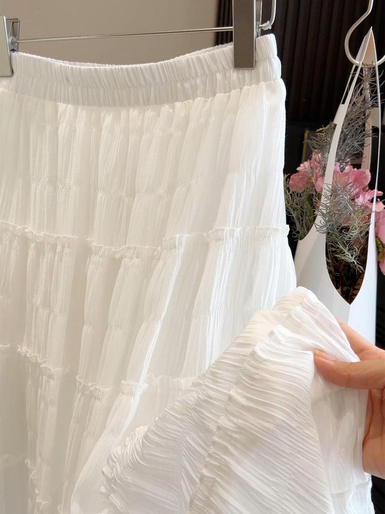 2026 Spring/Summer High-Waisted Slimming A-Line Pleated Skirt for Women - Gentle Sweet Cake Style, Hip-Covering and Long Length.