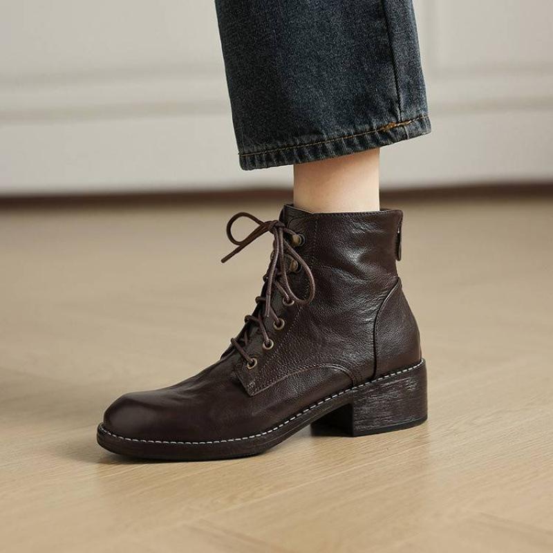 

New versatile medium heel large size women s boots thick-soled non-slip square heel Martin boots front lace-up low boots cowhide short boots women 40