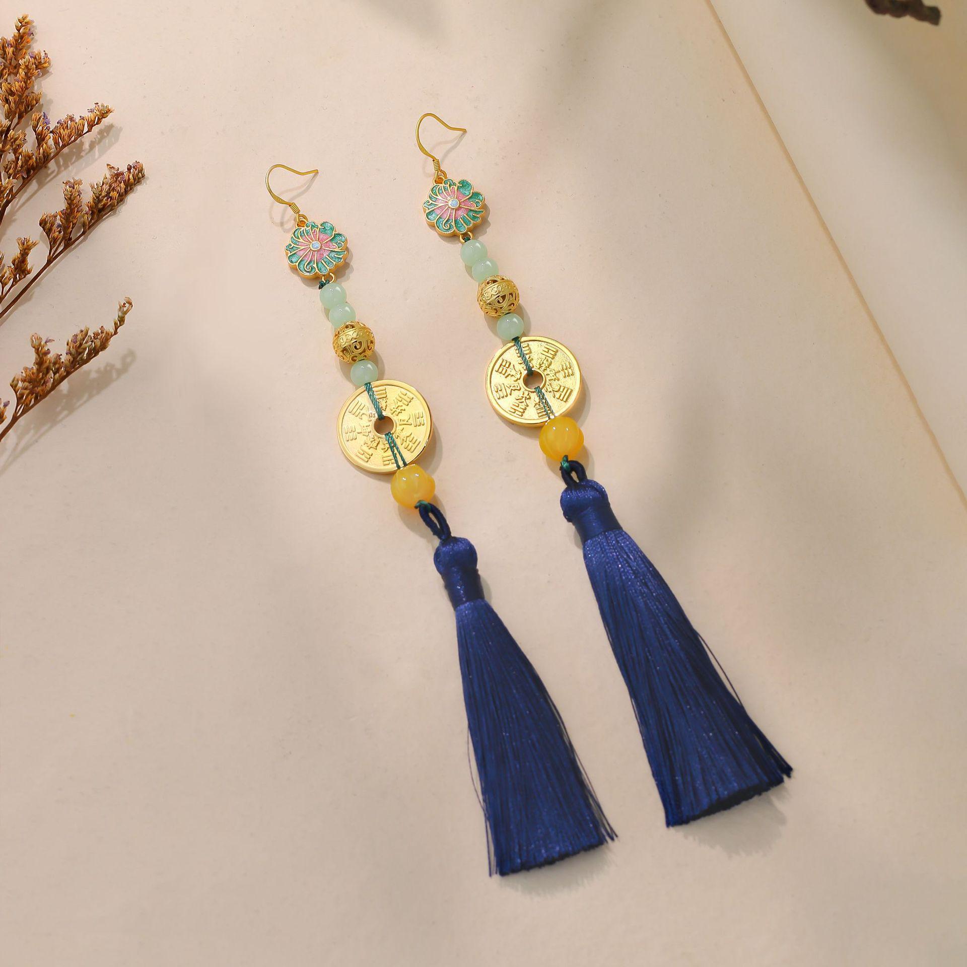 

925 Sterling Silver Needle Earrings with Gold Coin Tassels - Chinese Style for Women’s Hanfu and Qipao. Pure Handmade Design. Electroplated Gold